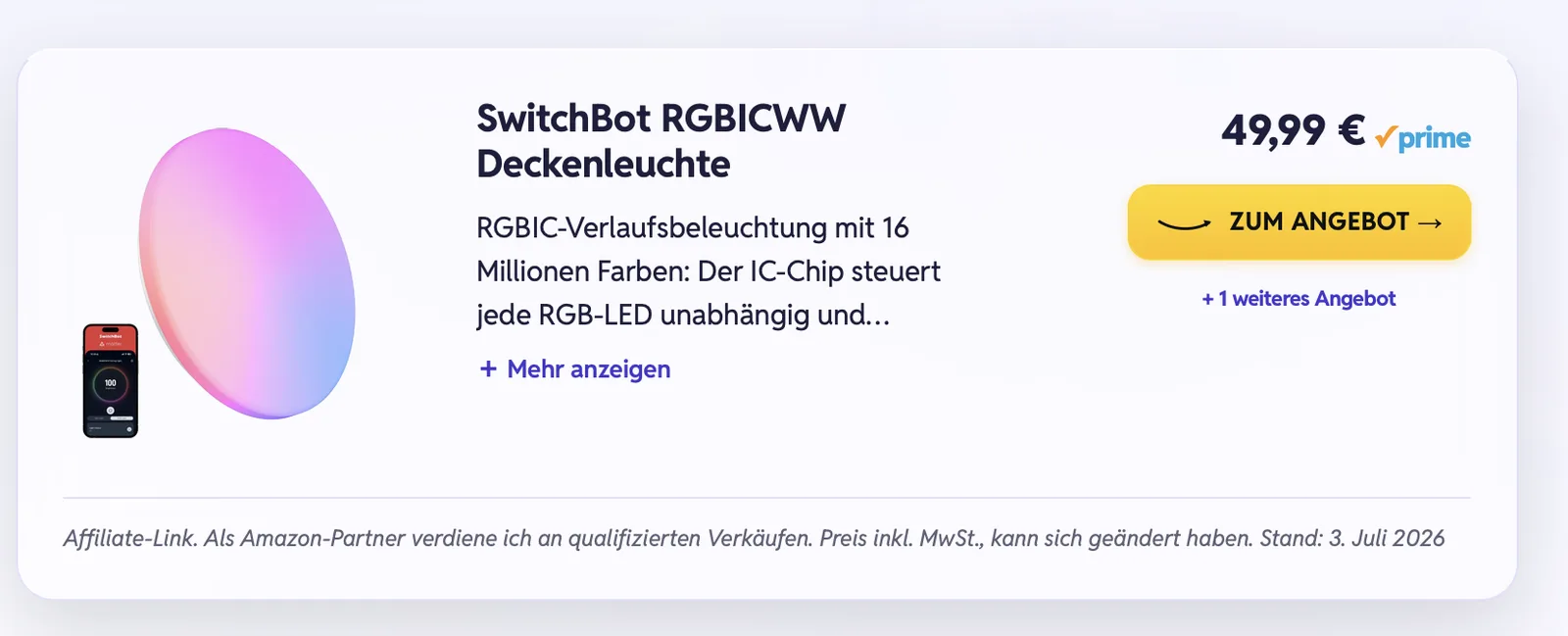 Affiliato-Einzelbox im Artikel: SwitchBot Deckenleuchte mit Produktbild, Beschreibung, Preis, Prime-Logo und Zum-Angebot-Button
